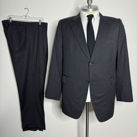 Quality Custom Tailored Suit Mens‎ Black Stripe Wool 48L 40W Big & Tall - Picture 1 of 14
